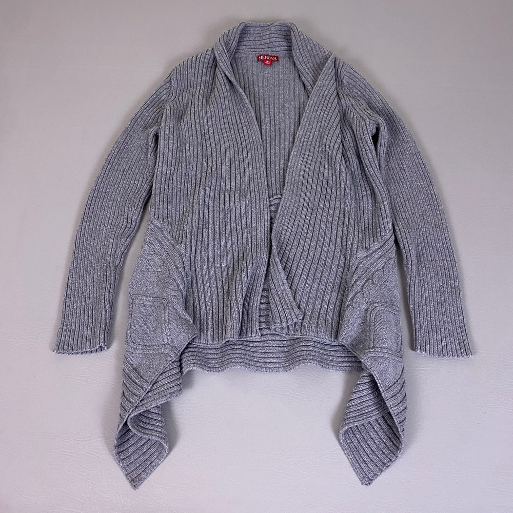 Merona Cardigan Sweater Women's Medium Gray Ribbed Cable Knit Open Front Shawl